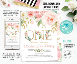Blush Pink Floral First Birthday Party Invitation, 1st Birthday Editable invite, Printable Invite Template, Boho Girl, One Instant download
