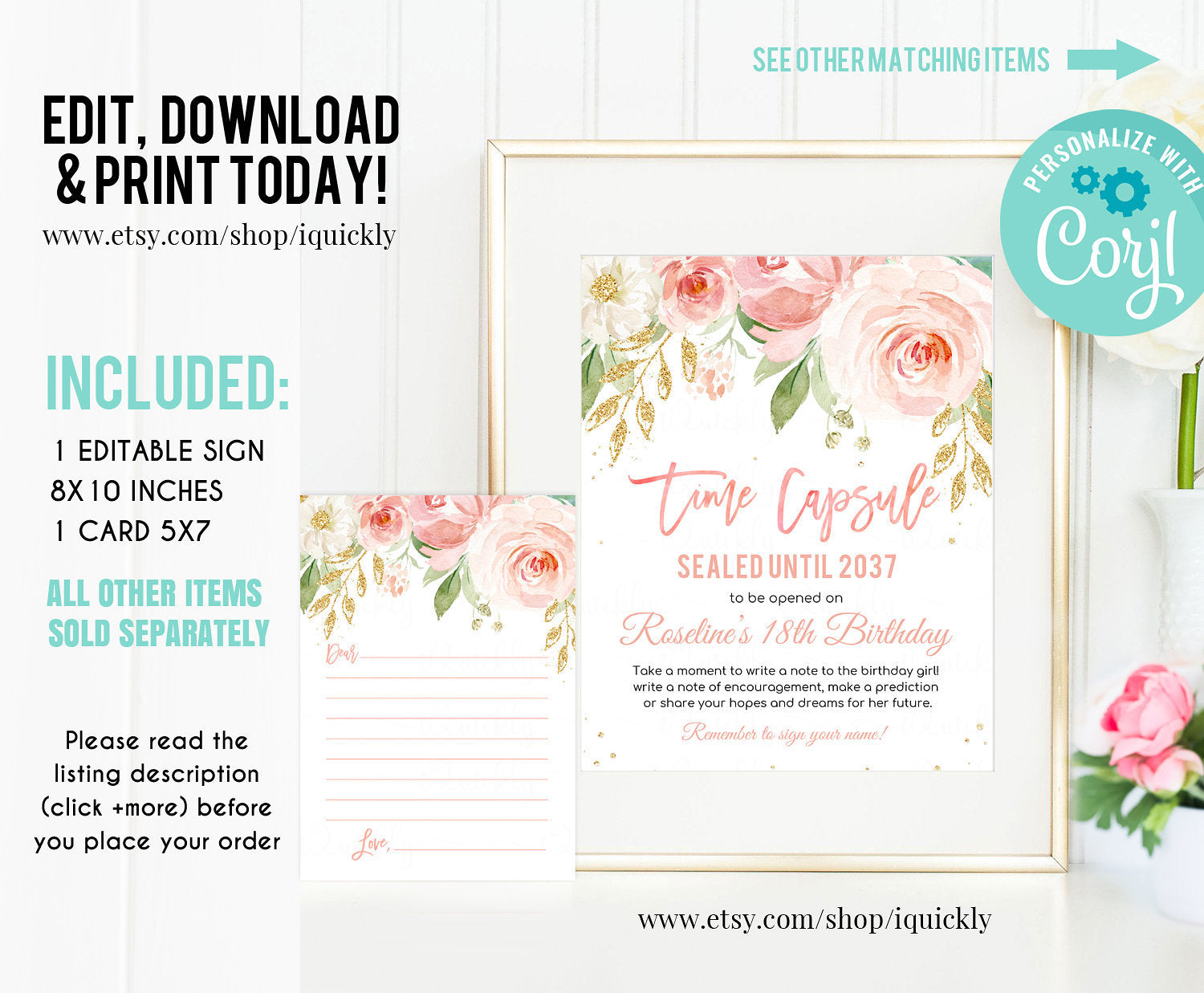 EDITABLE Floral Blush Pink And Gold Time Capsule and Matching Note Cards Floral Blush Pink Gold 1st Birthday Time Capsule Instant download