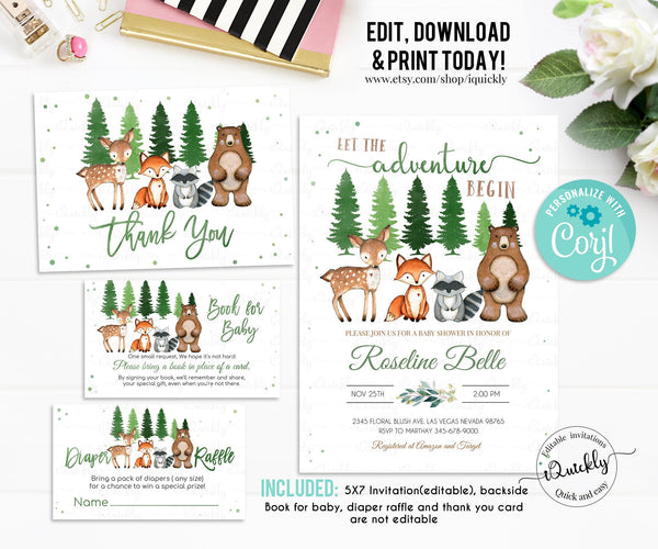 Woodland Baby Shower Invitation Set EDITABLE, Book for baby, diaper raffle thank you Adventure Forest Package, Gender Neutral mountain, Boy