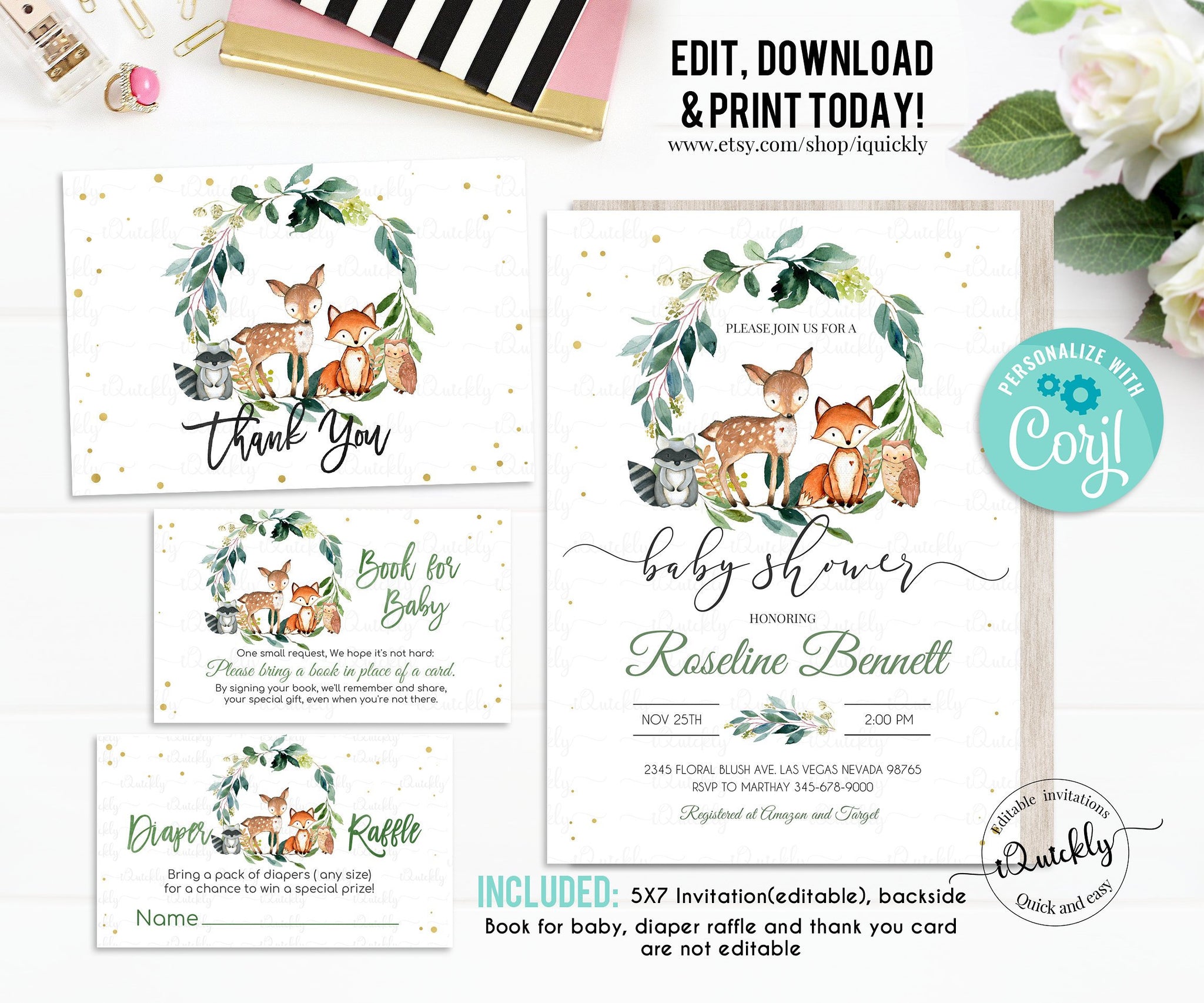 Editable Woodland Baby Shower Invitation Set Gender Neutral Pack woodland animals digital download