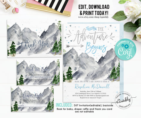 EDITABLE Adventure Begins Baby Shower Invitation Set, Boy Adventure Baby Shower Package, Mountains Shower Pack Instant Download printable