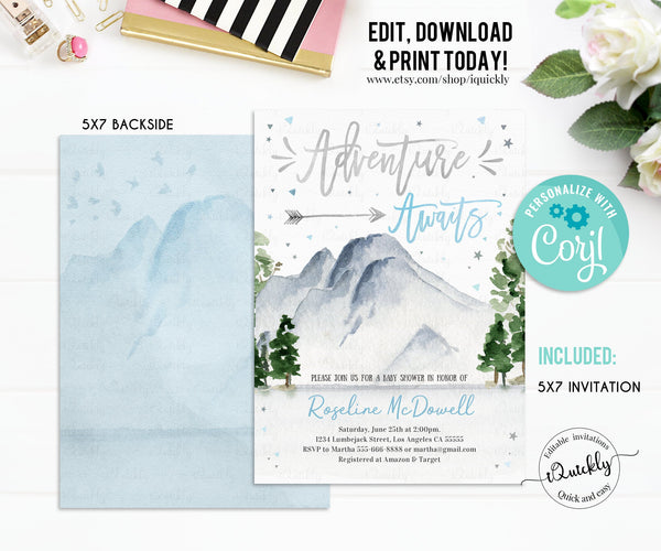 EDITABLE Mountain Baby Shower invitation Set, Adventure Awaits Package, Hunter, Tribal shower Invite pack, Boy Printable, Instant download