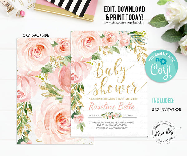 EDITABLE Blush Pink Floral Baby Shower Invitation, Gold Invitations, Printable Baby Shower Invite Template, Sweet Baby Girl Instant Download