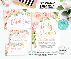 EDITABLE Blush Pink Floral Baby Shower Invitation Set, Invitations Package, Printable Template Pack, Sweet Baby Girl Instant Download