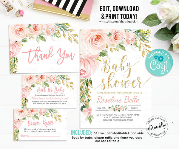 EDITABLE Blush Pink Floral Baby Shower Invitation Set, Invitations Package, Printable Template Pack, Sweet Baby Girl Instant Download