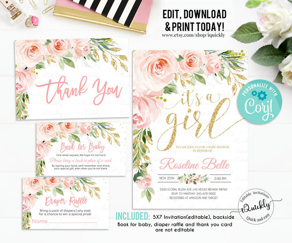 EDITABLE Blush Pink Floral Baby Shower Invitation Set It’s a girl Printable Baby Shower Invite package Gold Template Pack, Instant Download