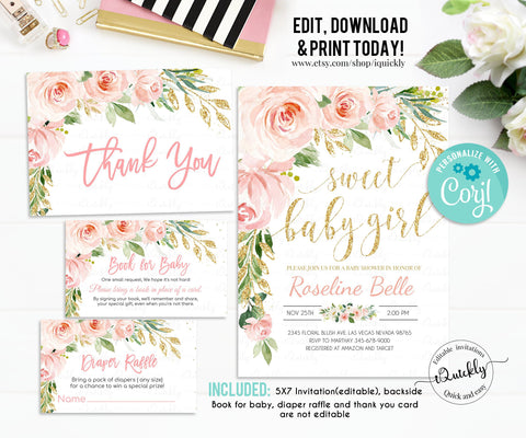 EDITABLE Blush Pink Floral Baby Shower Invitation Set, Invitations Package, Gold Printable Template Pack, Sweet Baby Girl Instant Download