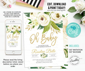 Gender Neutral baby shower invitation, EDITABLE Green and white floral Invitations, Greenery Coed Baby Shower invite Flower Instant download