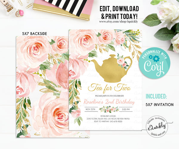 EDITABLE Tea Party Invitation, Tea Party Birthday Invitations, Tea Party Baby Shower invite, Bridal Shower, Gold Template Instant download
