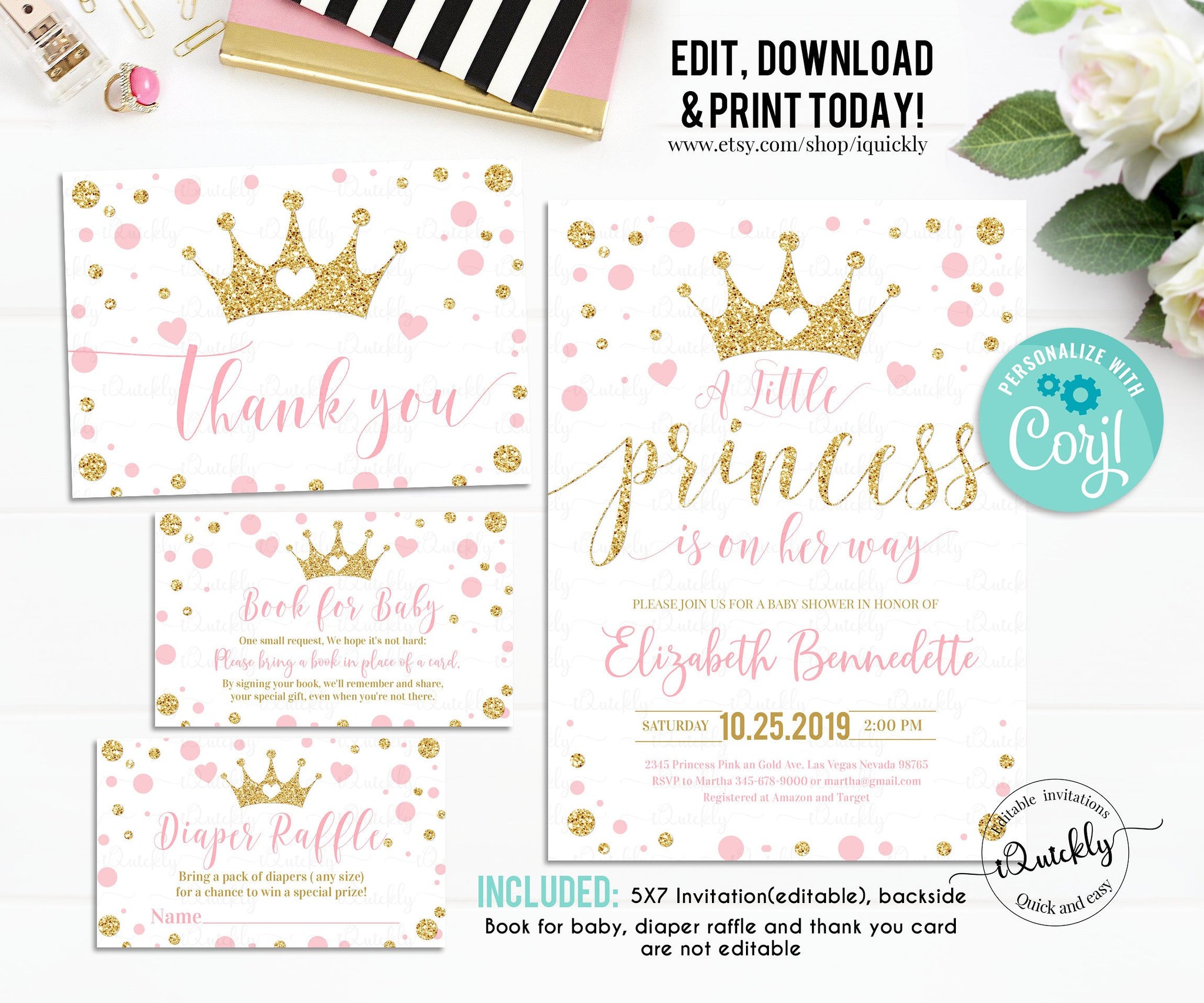 Editable Princess Baby Shower Invitation Bundle, Pink and Gold Little Princess Invitations Pack, Girl Shower Invite Package Instant Download