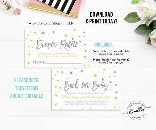 Twinkle twinkle little star baby shower invitation Set EDITABLE, Thank you, Book for baby, Diaper raffle, Gender Neutral, Instant Download