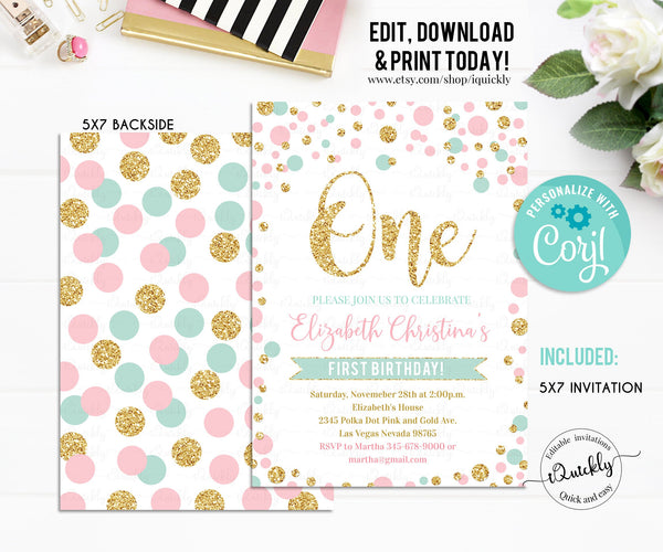 EDITABLE Pink Gold Mint first birthday invitation, Confetti 1st birthday Invitations, Pink Gold Glitter Dots Girl Invite, Instant download