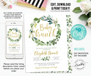 Greenery Baby Shower Invitation EDITABLE, Eucalyptus Baby Shower Invite, Green Gold Wreath Invitations Baby Brunch Instant download template