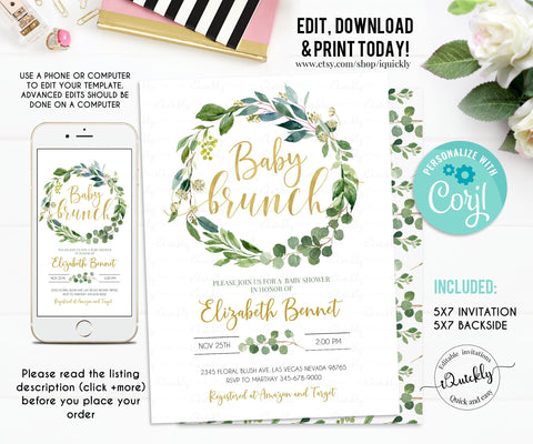 Greenery Baby Shower Invitation EDITABLE, Eucalyptus Baby Shower Invite, Green Gold Wreath Invitations Baby Brunch Instant download template