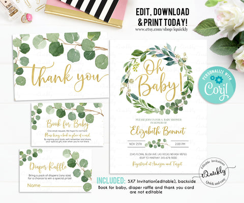 EDITABLE Greenery Baby Shower Invitation Set, Book for baby diaper raffle thank you Package Gender Neutral Green Gold Pack Instant download