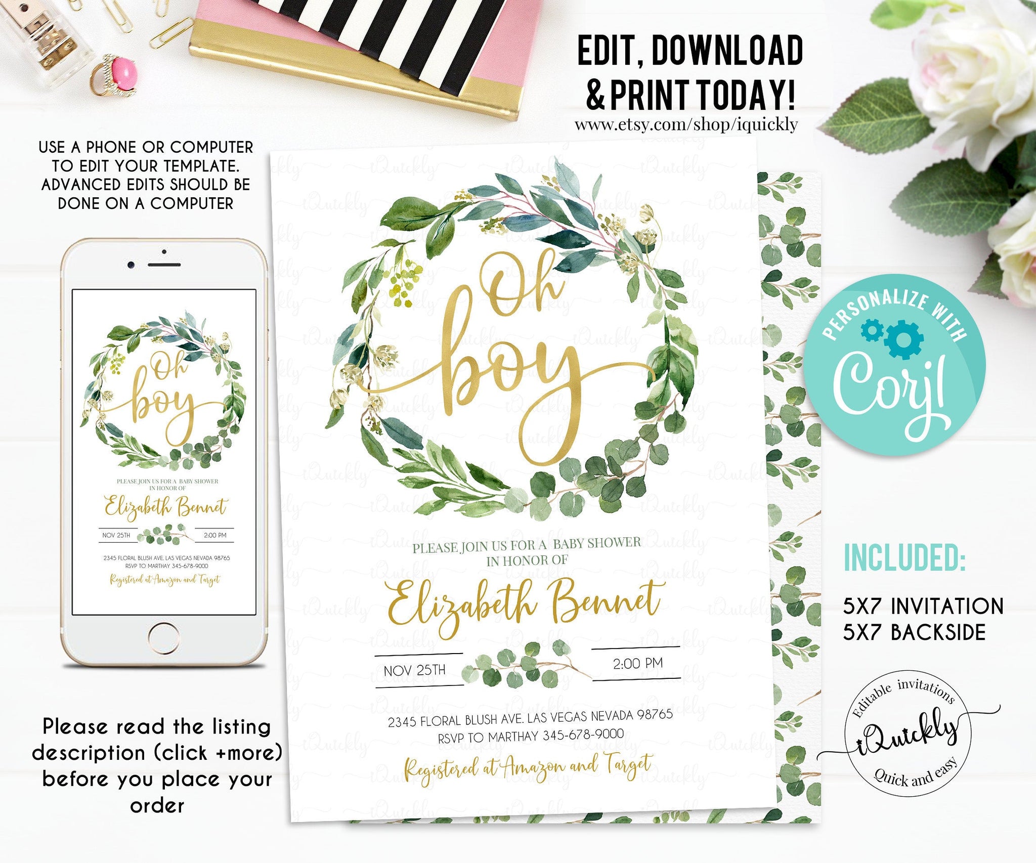 Green and Gold Baby shower Invitation EDITABLE Greenery Gender Neutral Eucalyptus Invitations Oh boy Wreath Invite Instant download template