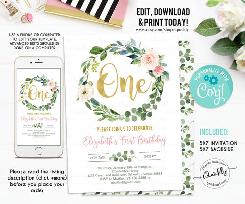 Greenery First Birthday Invitation EDITABLE, Girl Blush Pink Floral 1st, Eucalyptus Invite Green Gold Wreath Invitations Instant download