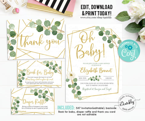 EDITABLE Greenery Baby Shower Invitation Set, Book for baby diaper raffle thank you Package Gender Neutral Green Gold Pack Instant download