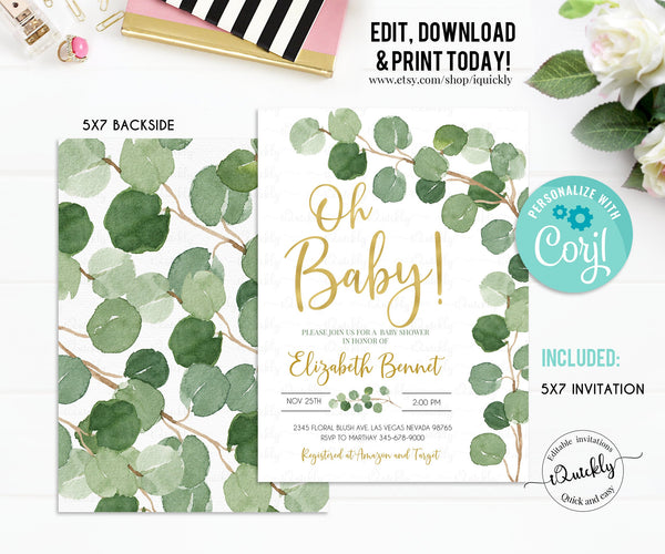 Eucalyptus Baby Shower Invitation Editable, Greenery Gender Neutral Invite, Green Gold Rustic Invitations Instant download Oh baby template