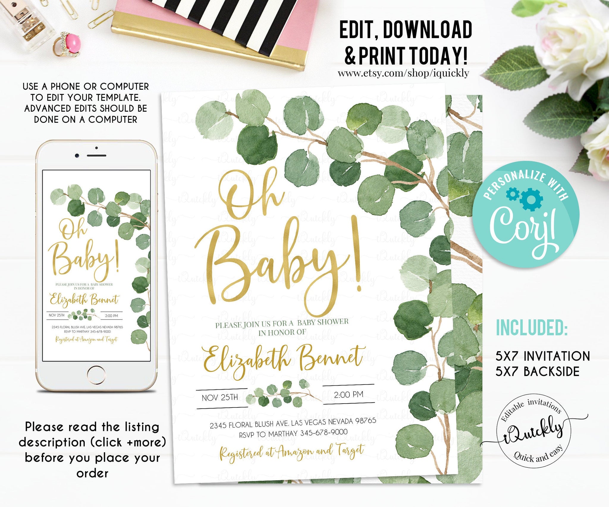 Eucalyptus Baby Shower Invitation Editable, Greenery Gender Neutral Invite, Green Gold Rustic Invitations Instant download Oh baby template