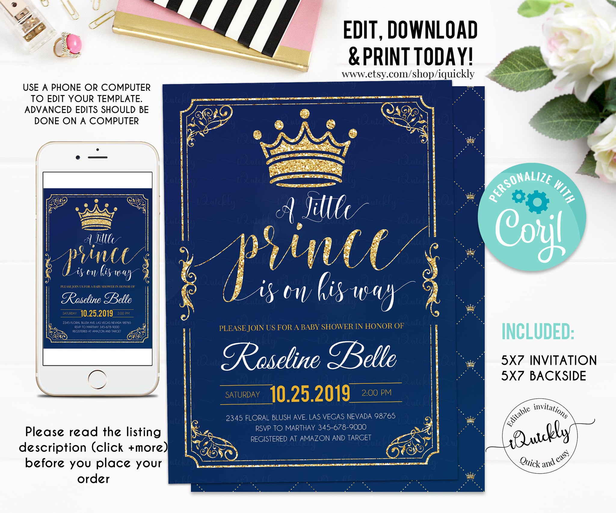 Prince Baby Shower Invitation EDITABLE , Crown Navy and Gold Boy Invite, Little Prince Invitations Instant Download Template Digital
