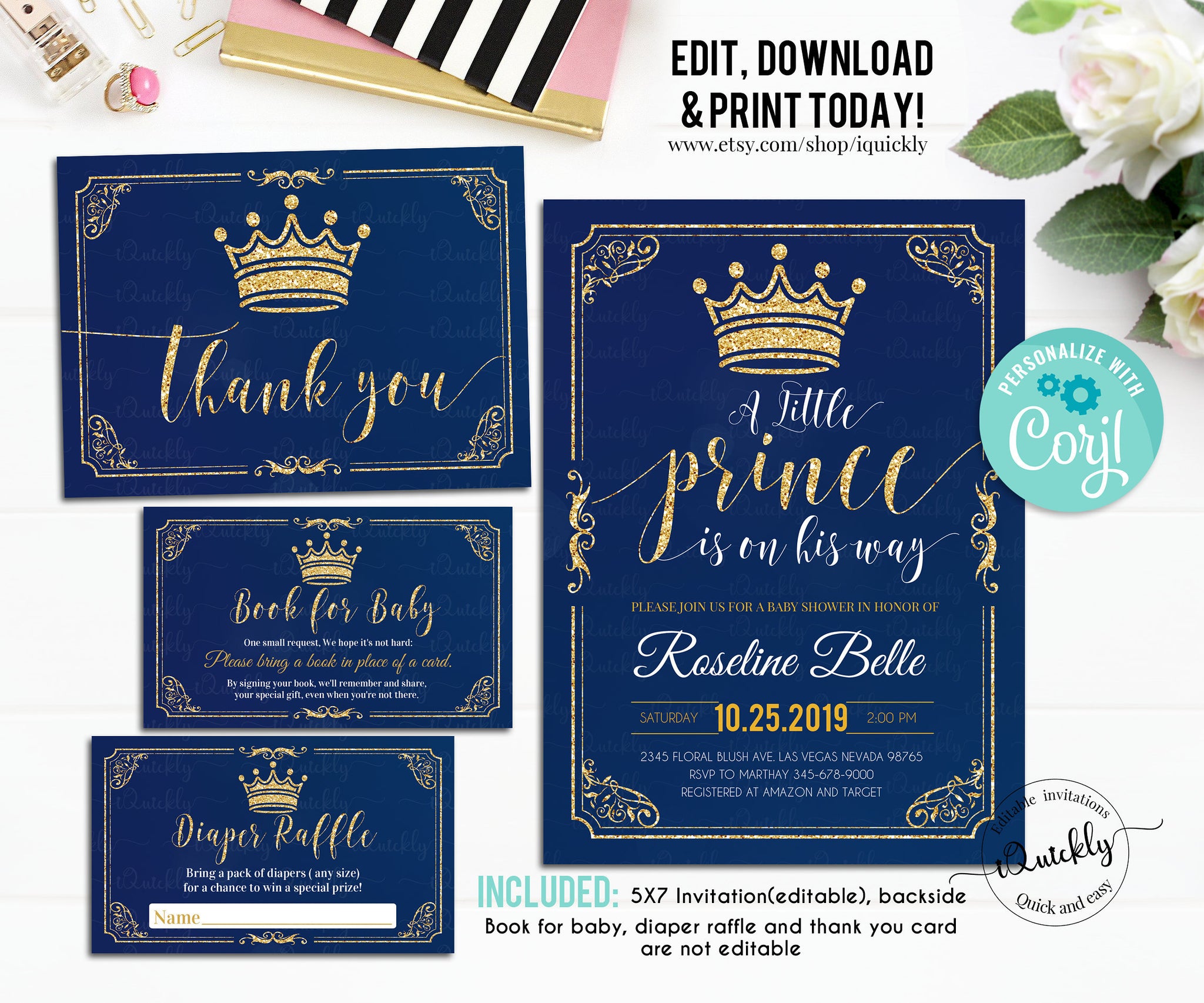 EDITABLE Prince Baby Shower Invitation Bundle, Crown Navy and Gold Boy Invite set, package  Diaper raffle Book for baby Instant Download