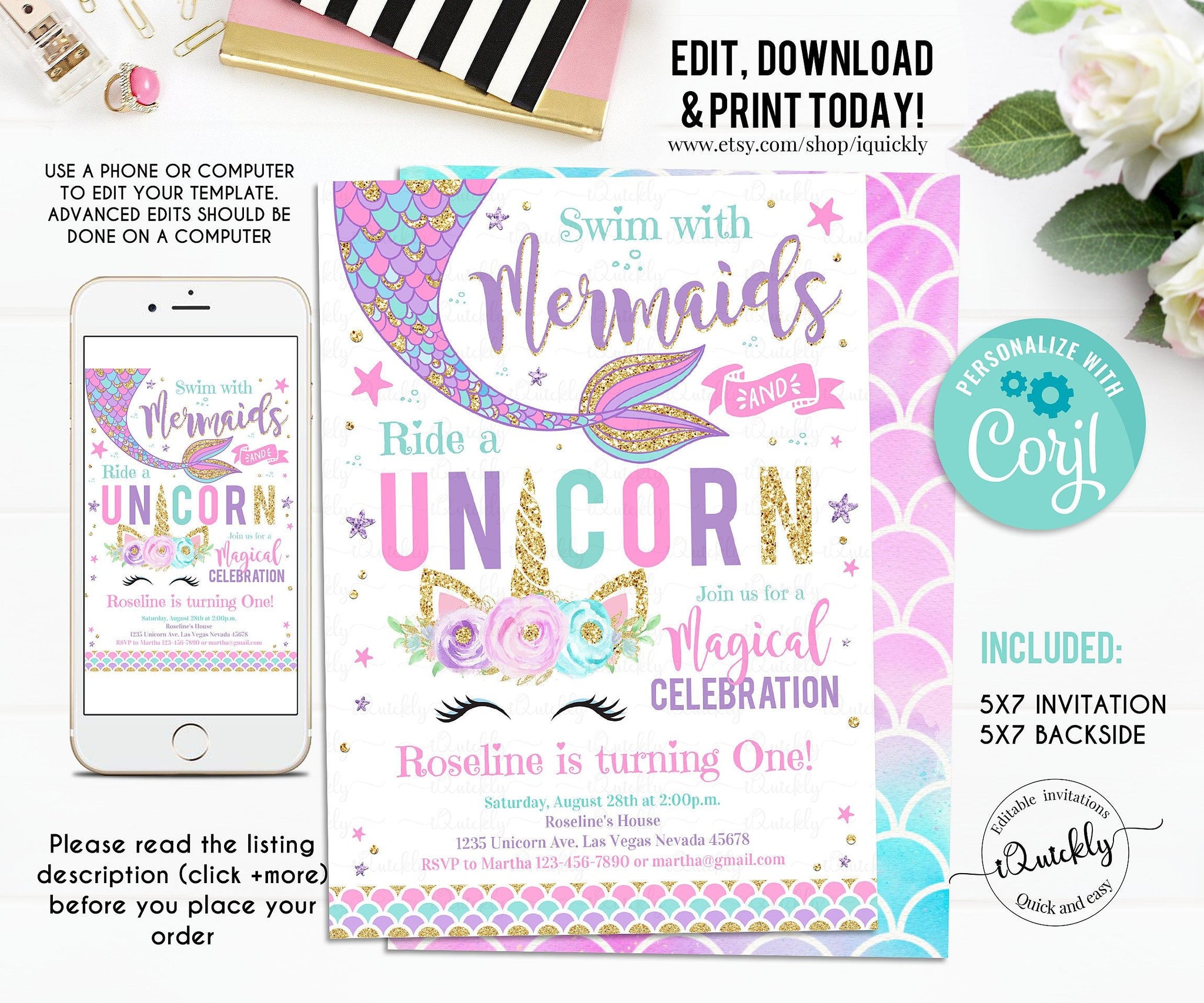 Editable Mermaid And Unicorn Birthday Invitation, Magical Unicorn, Mermaid Invite, Unicorn Magical Party Instant Download Printable digital