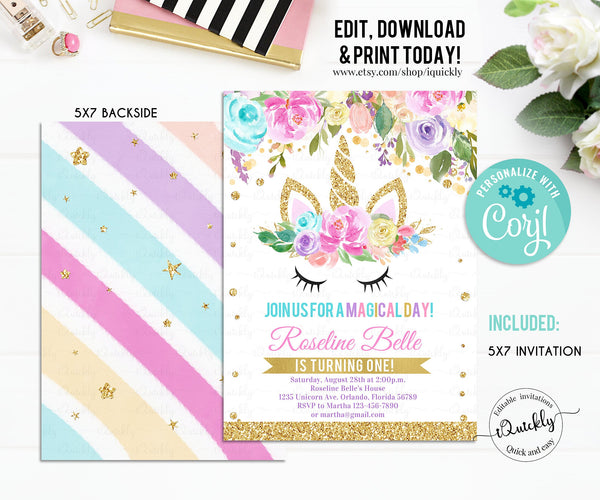 Editable Unicorn birthday invitation, Unicorn Party, Magical Rainbow Unicorn invite Girl gold Template Digital Instant Download Digital