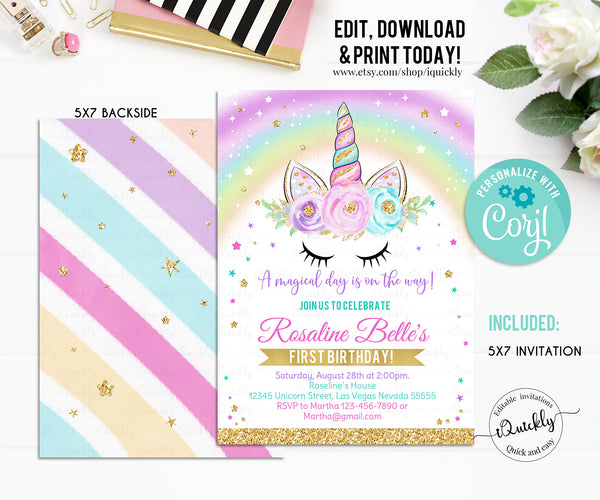 Editable Unicorn Invitation, Rainbow Unicorn invite, Unicorn Party Unicorn Birthday, Magical Unicorn, Girl gold Instant Download Printable