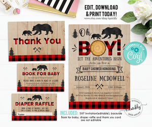 Lumberjack Baby Shower Invitation Bundle Editable, Buffalo Plaid Pack Diaper raffle, Book for Baby Set, Rustic Boy Package, Instant Download