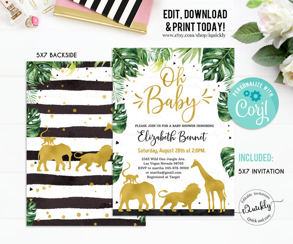 Jungle Gold Baby Shower Invitation, EDITABLE Safari Invitations Jungle invite, Elephant Giraffe Wild One Instant Download Printable template