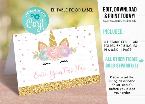 EDITABLE Unicorn Food tags Buffet label Tent card Food Labels Place Cards Table Card Printable Template, Unicorn party Girl Instant download