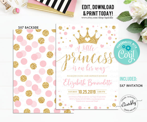 Editable Princess Baby Shower Invitation, Pink and Gold Little Princess Invitations, Gold Girl Invite, Instant Download Template Digital
