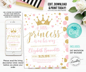 Editable Princess Baby Shower Invitation, Pink and Gold Little Princess Invitations, Gold Girl Invite, Instant Download Template Digital