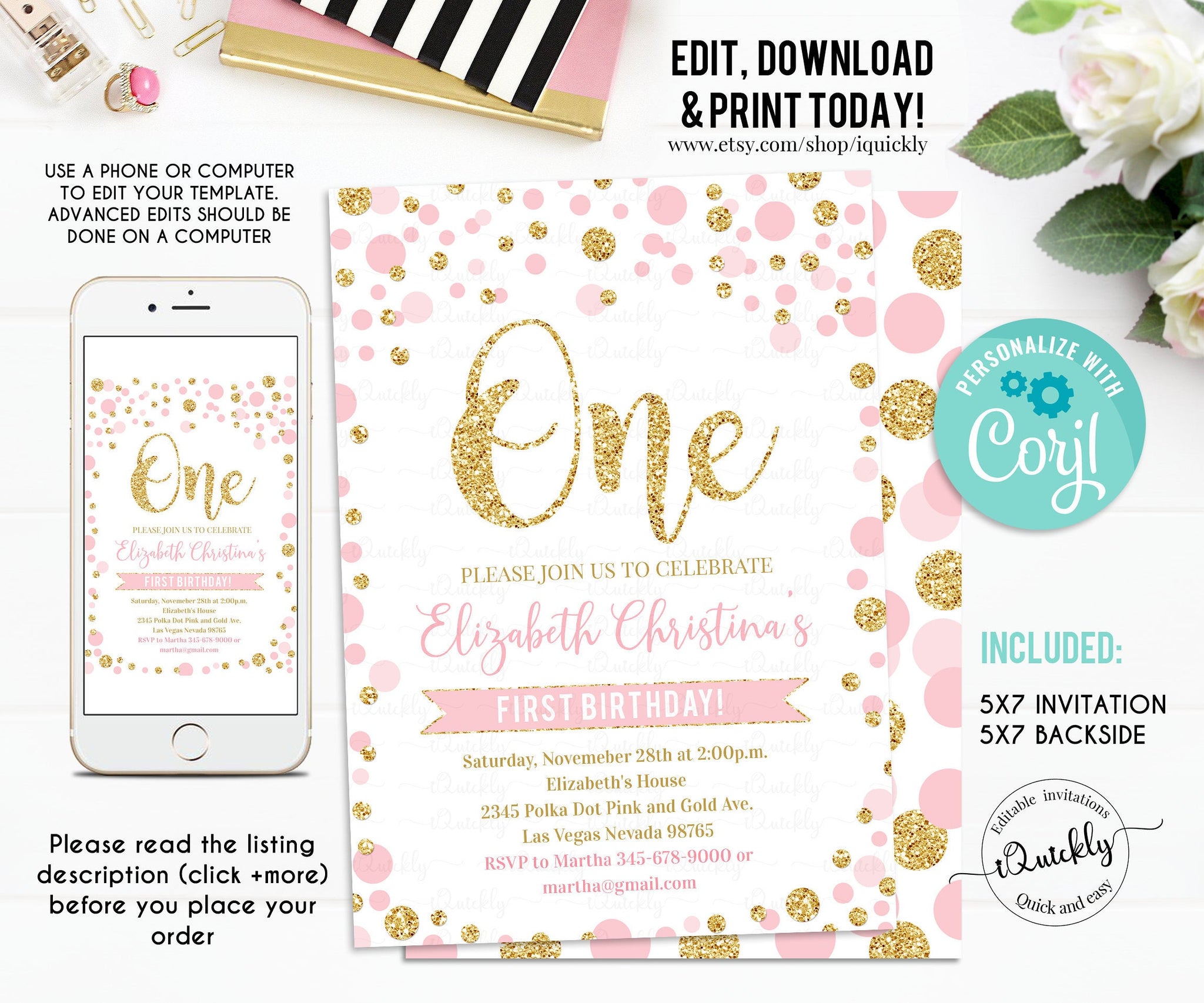 EDITABLE Pink and Gold first birthday invitation, Confetti 1st birthday Invitations, Pink Gold Glitter Dots Girl Invite, Instant download