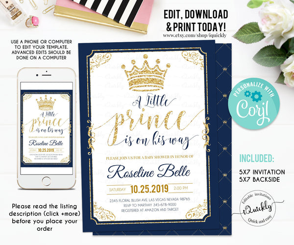 EDITABLE Prince Baby Shower Invitation, Crown Navy and Gold Boy Invite, Little Prince Invitations Instant Download Template Digital