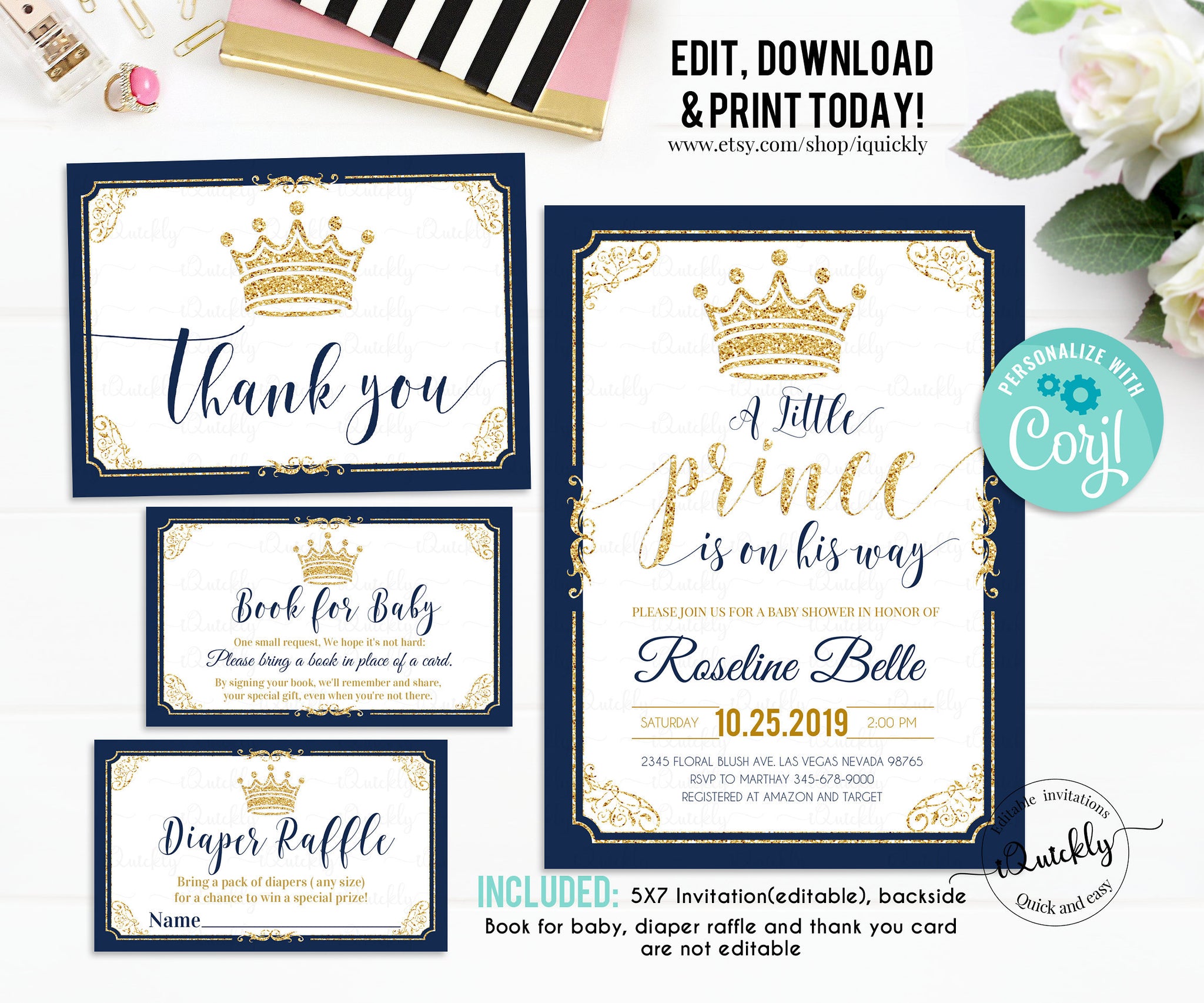 EDITABLE Prince Baby Shower Invitation Bundle, Crown Navy and Gold Boy Set, Diaper Raffle Book for baby Thank you card Instant Download