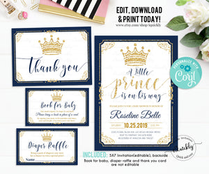 EDITABLE Prince Baby Shower Invitation Bundle, Crown Navy and Gold Boy Set, Diaper Raffle Book for baby Thank you card Instant Download