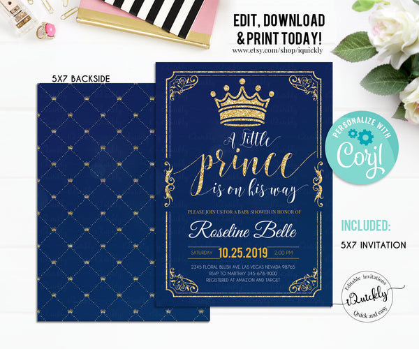 EDITABLE Prince Baby Shower Invitation Bundle, Crown Navy and Gold Boy Invite set, package  Diaper raffle Book for baby Instant Download
