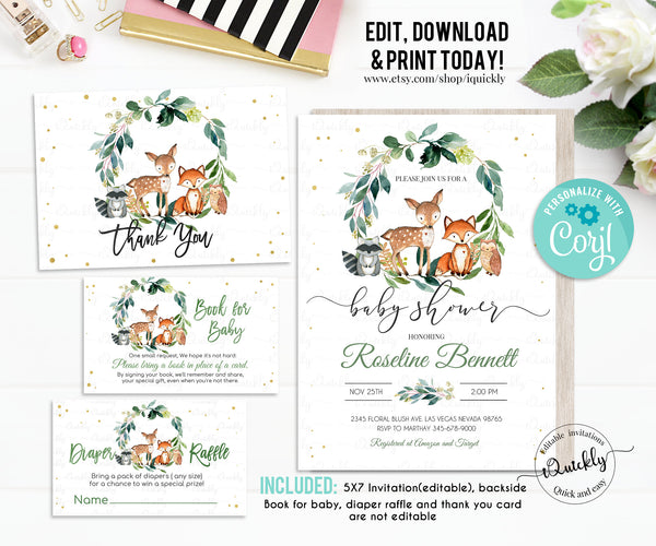 Editable Woodland Baby Shower Favor tags Gender Neutral, woodland animals Thank you tags, Gift tags Digital download