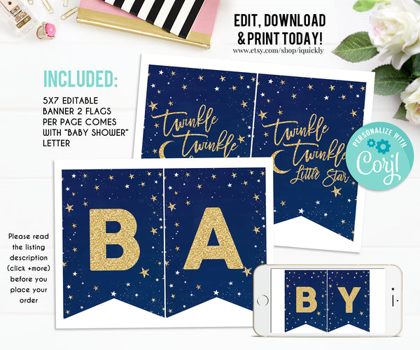 EDITABLE Twinkle twinkle little star Cupcake Toppers, Boy Baby Shower Decorations, Navy and gold Cake toppers Instant download Printable