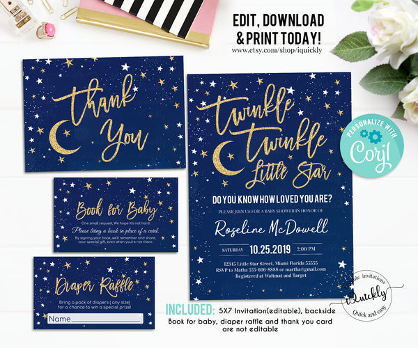 EDITABLE Twinkle twinkle little star Cupcake Toppers, Boy Baby Shower Decorations, Navy and gold Cake toppers Instant download Printable