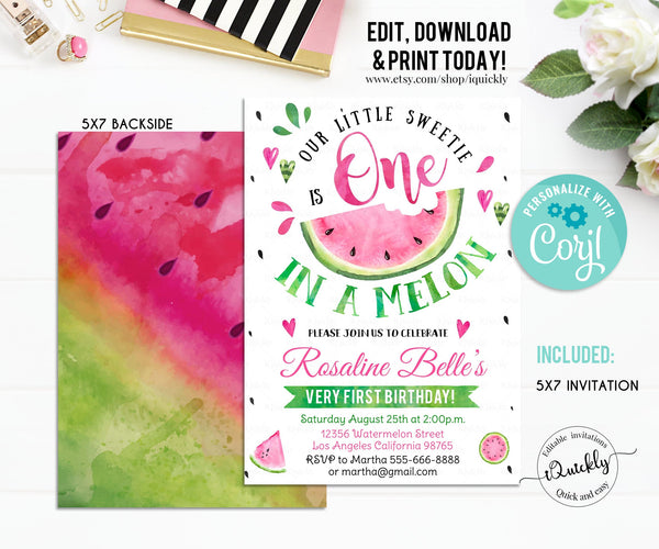 Editable Watermelon Invitation, Birthday Invitations, Pink Watermelon Party, One in a Melon, 1st Birthday Instant download Printable Digital