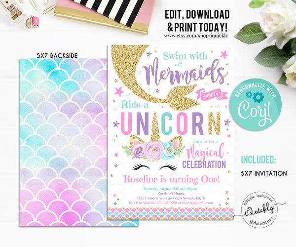 Editable Unicorn Mermaid Birthday Invitation, Magical Unicorn Mermaid Invite Digital Download