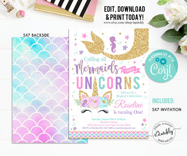 Editable Unicorn Mermaid Invitation, Mermaid and Unicorn Birthday Invite, Unicorn party, Magical Unicorn Instant download Printable digital