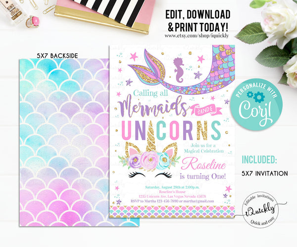 Editable Unicorn Mermaid Birthday Invitation, Mermaid invite, Unicorn party, Magical Unicorn Instant download Printable template digital