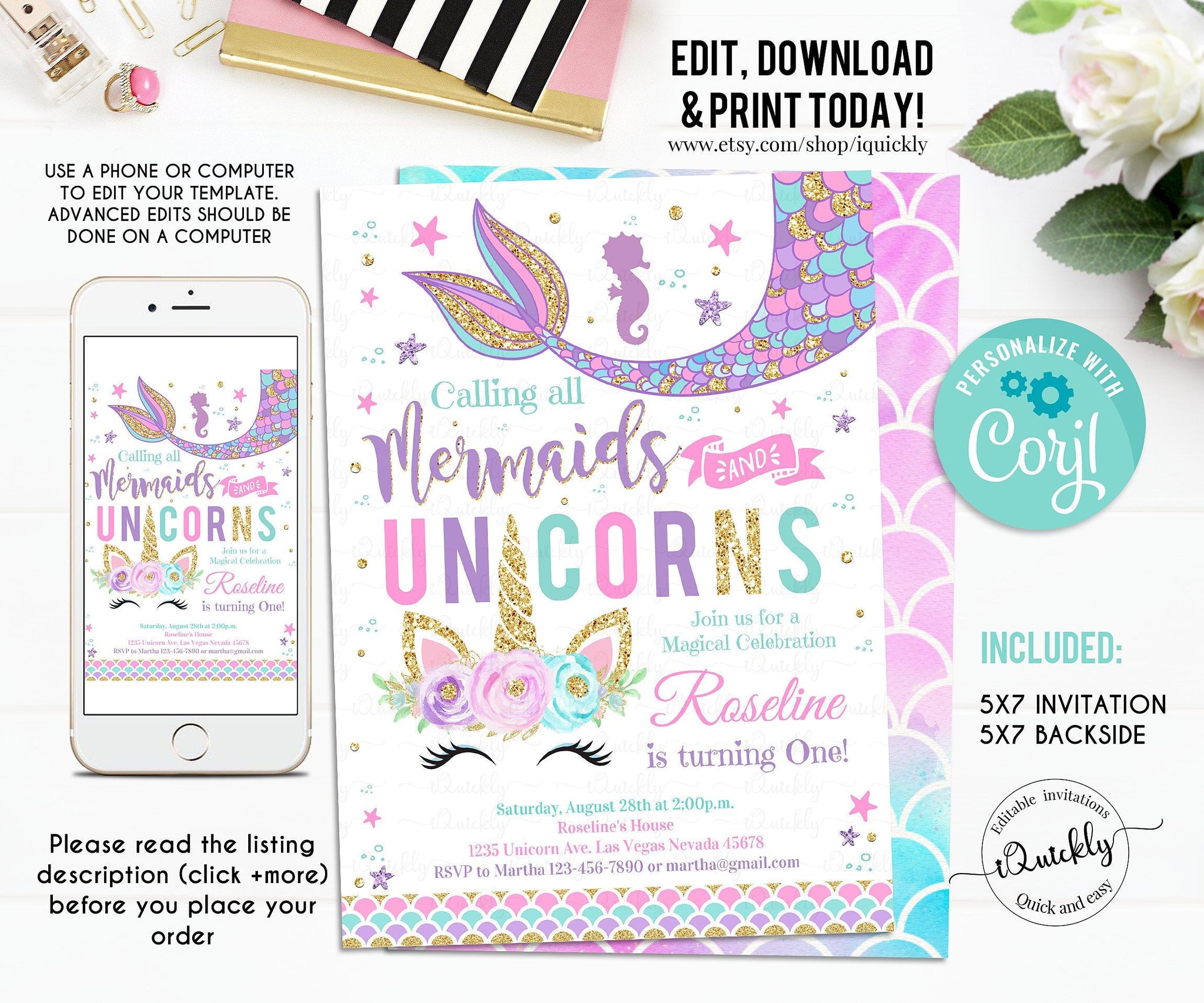 Editable Unicorn Mermaid Birthday Invitation, Mermaid invite, Unicorn party, Magical Unicorn Instant download Printable template digital