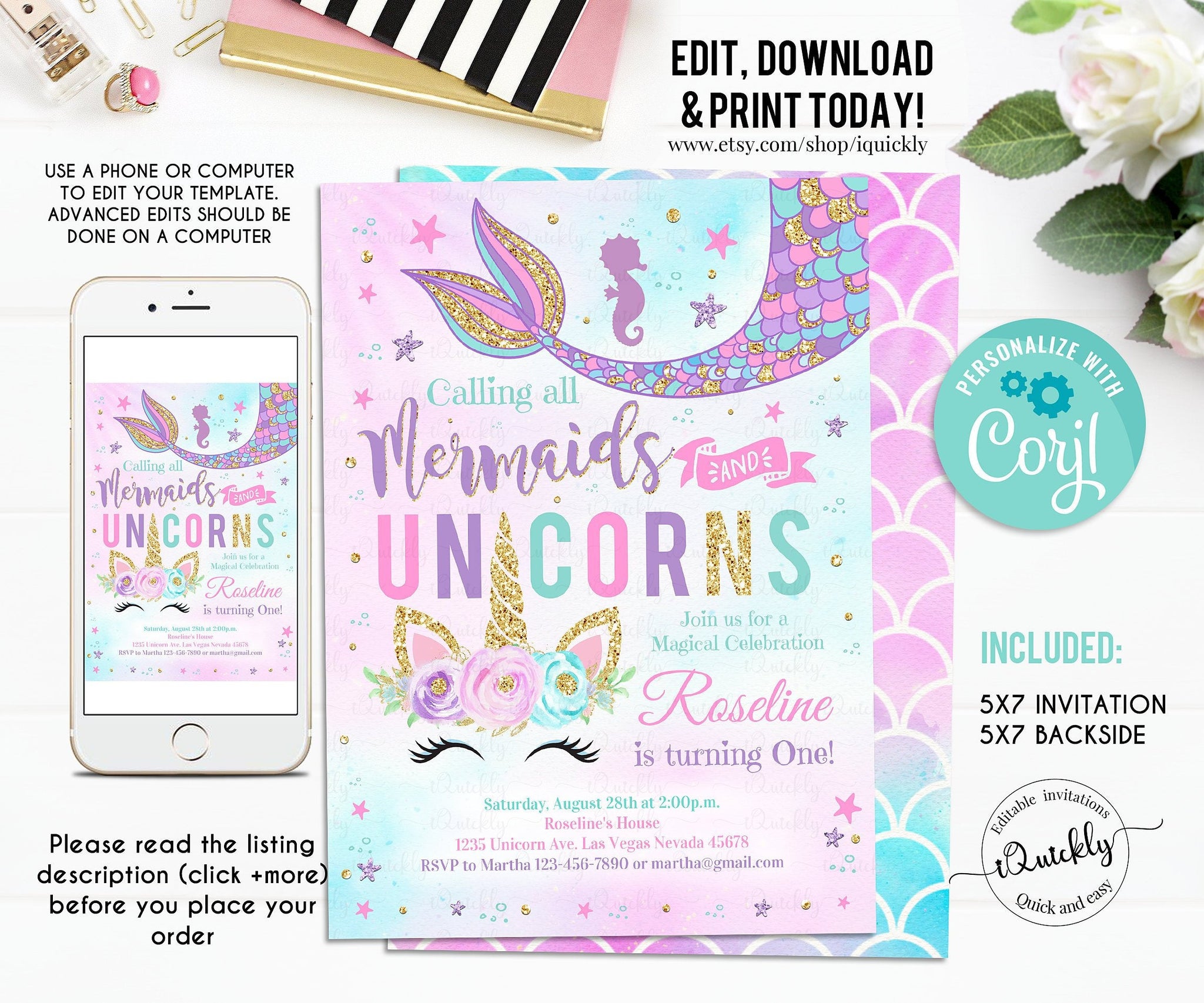 Editable Unicorn Mermaid Birthday Invitation, Mermaid invite, Unicorn party, Magical Unicorn Instant download Printable template digital 4