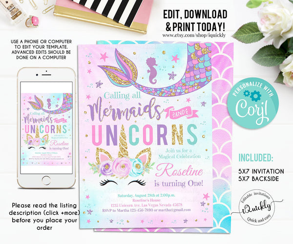 Editable Unicorn Mermaid Birthday Invitation, Mermaid invite, Unicorn party, Magical Unicorn Instant download Printable template digital 4