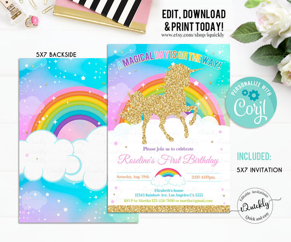 EDITABLE Rainbow Unicorn Birthday Invitation, Unicorn party, Magical Unicorn, Unicorn invite, Unicorn and Rainbow download Template Digital